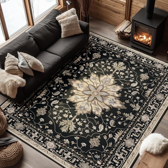 RELEANY Area Rugs 7'x9' Washable Non-Slip, Floral Vintage Distress Print by RELEANY