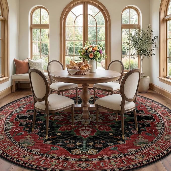 RELEANY Area Rugs Round 8ft Washable Non-Slip, Floral Vintage Distress Print - Image 2