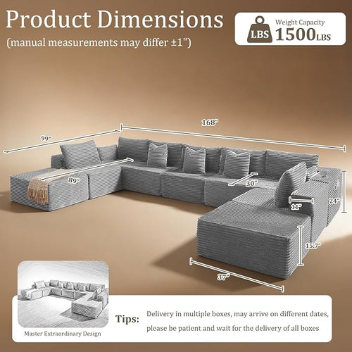 168" Cloud Sectional Couch, Comfort U Shaped Sofa - Image 2