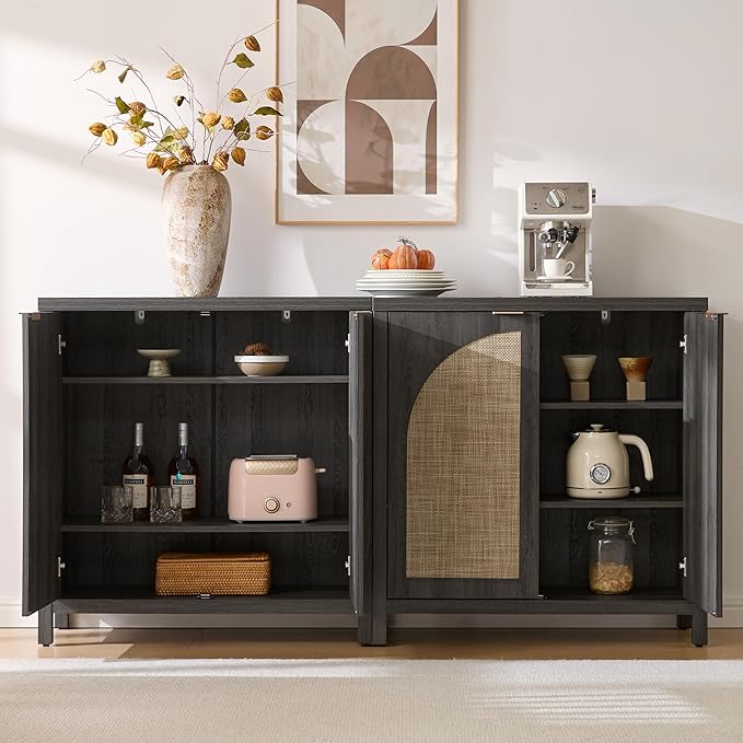 SICOTAS 102"W Rattan Sideboard Buffet Cabinet Set of 3, Modern Credenza Storage - Image 5