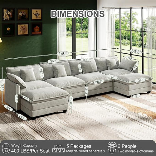 146" Cloud Couch Sectional, U Shaped Modular Sectional Sofa, 4-Seat Deep Seat - Image 2