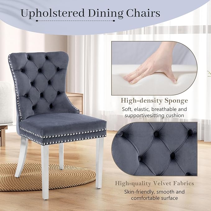 KCC Velvet Dining Chairs Set of 2, Upholstered High-end Tufted Dining Room Chair - Image 3