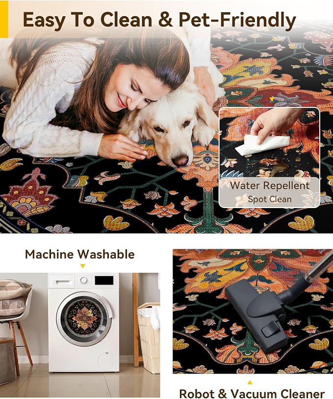 RELEANY Area Rugs Round 6ft Washable Non-Slip, Floral Vintage Distress Print - Image 5