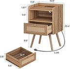 SUPERJARE Nightstand with Charging Station & Rattan-Like Decor Drawer, Rattan - Image 3