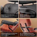 Top Black Grain Leather, Mid Century Chaise Lounge Chair and Ottoman, Modern - Image 6