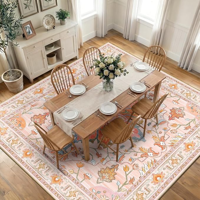 RELEANY Area Rugs Square 10ft Washable Non-Slip, Floral Vintage Distress Print by RELEANY