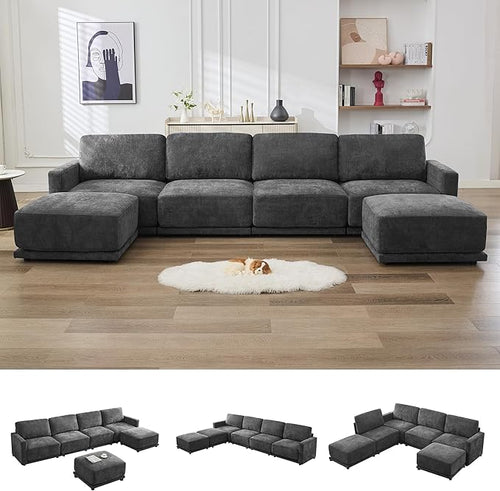 143.8" Modular Sectional Sofa Modern Chenille U Shaped Couch by CACFTII