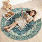 RELEANY Area Rugs Round 4ft Washable Non-Slip, Floral Vintage Distress Print by RELEANY