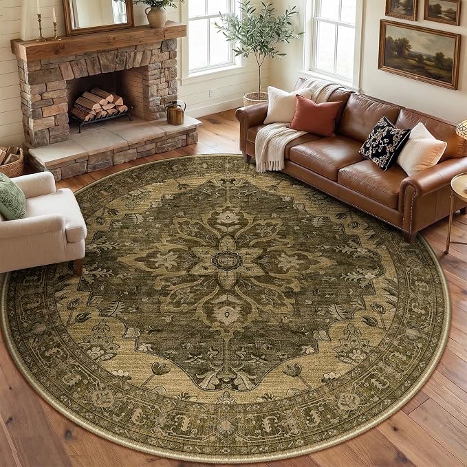RELEANY Area Rugs Round 8ft Washable Non-Slip, Floral Vintage Distress Print by RELEANY