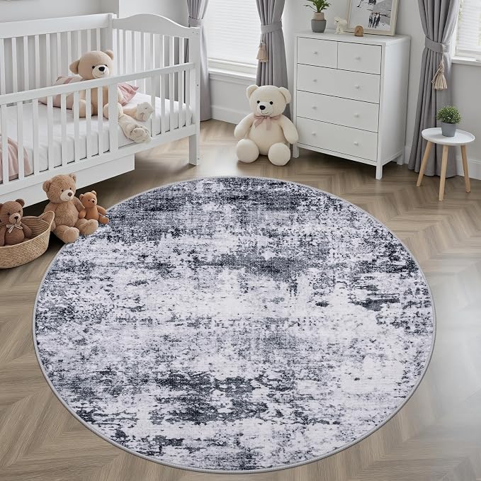 Round Area Rug for Living Room: 4 ft Washable Modern Abstract Soft Thin Rug - Image 3
