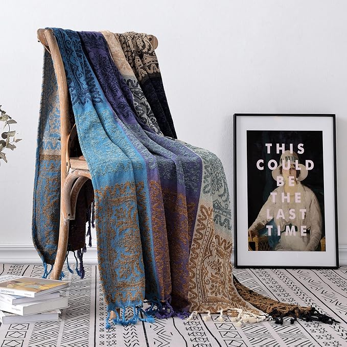 Boho Chair Cover Colorful Chenille Tassels Hippie Throw Blanket by Unknown
