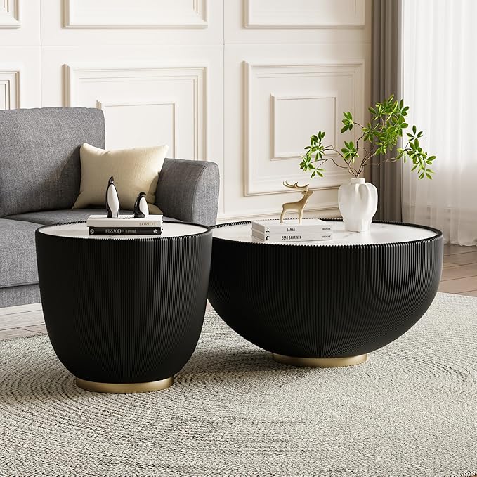 SSLine Bowl-Shape Coffee Table Set of 2 Modern Sintered Stone Top Nesting by SSLine