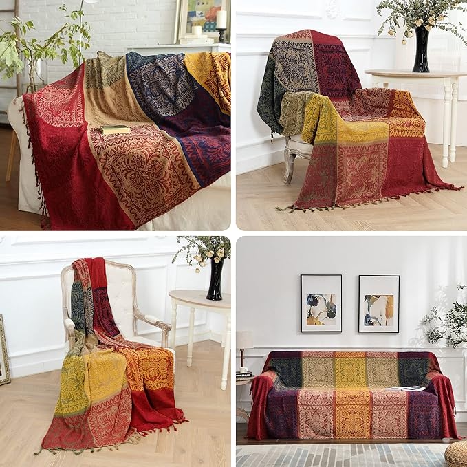 Bohemian Throw Blanket Hippie Chenille Jacquard Tassels Soft Chair Cover - Image 3