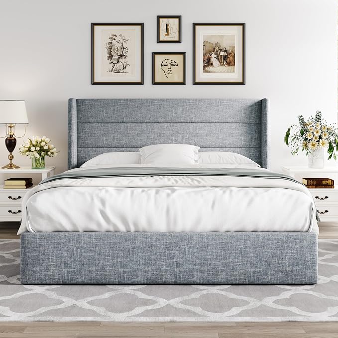 Allewie Full Size Lift Up Storage Bed, Modern Wingback Headboard, Hydraulic - Image 7