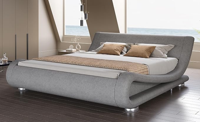 SHA CERLIN Queen Size Upholstered Bed Frame, Deluxe Low Profile Sleigh Bed by SHACERLIN