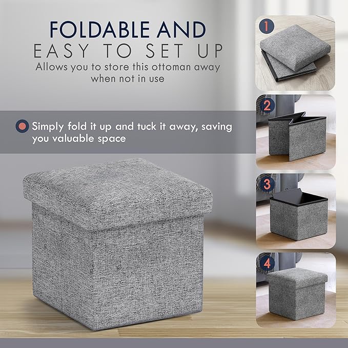 Ornavo Home Small Storage Ottoman Foldable Collapsible Cube Square Linen - Image 5