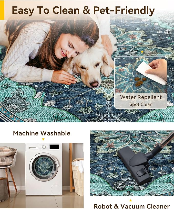 RELEANY Area Rugs Round 5ft Washable Non-Slip, Floral Vintage Distress Print - Image 4
