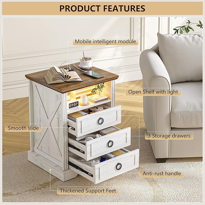 Nightstand with Charging Station, Farmhouse End Side Table with 3 Drawers and - Image 6