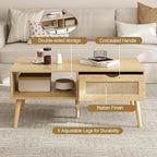 ZttRiee Coffee Table with Storage, Boho Dining Table with Rattan Drawer and - Image 4