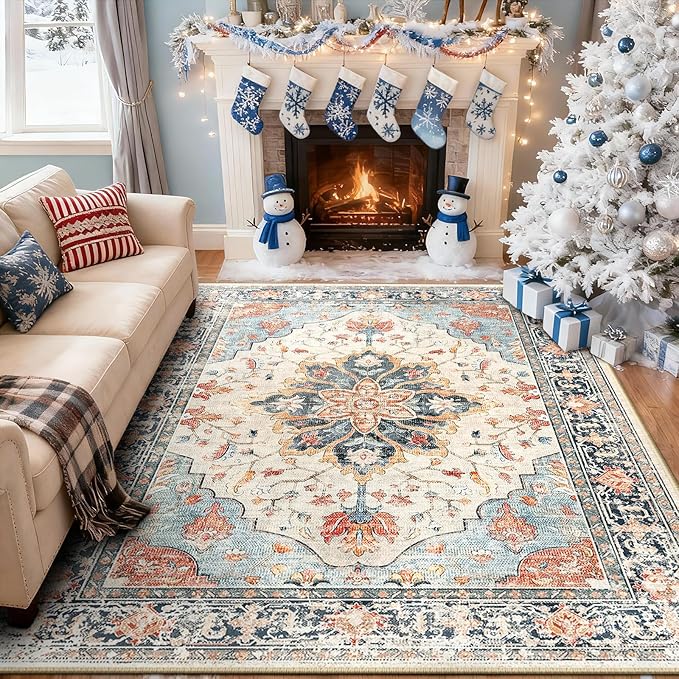 RELEANY Area Rugs 8'x10' Washable Non-Slip, Floral Vintage Distress Print - Image 2