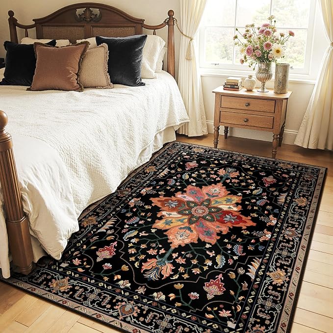 RELEANY Area Rugs 4'x5' Washable Non-Slip, Floral Vintage Distress Print by RELEANY