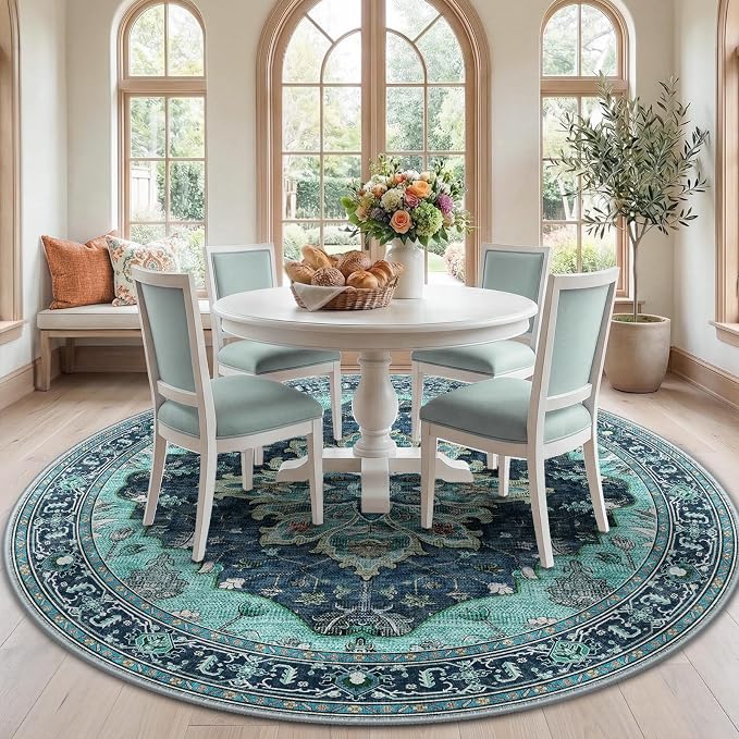 RELEANY Area Rugs Round 7ft Washable Non-Slip, Floral Vintage Distress Print by RELEANY