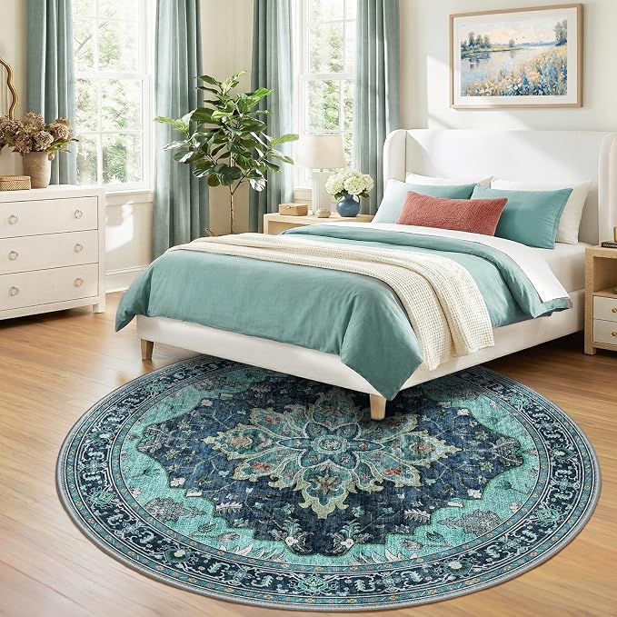 RELEANY Area Rugs Round 8ft Washable Non-Slip, Floral Vintage Distress Print - Image 3