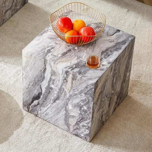 16'' Cube Coffee Table with Marble Stone Pattern, Square No Assembly End Table by KTRolster