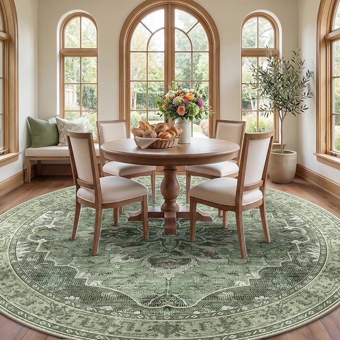 RELEANY Area Rugs Round 8ft Washable Non-Slip, Floral Vintage Distress Print - Image 2