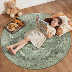 RELEANY Area Rugs Round 4ft Washable Non-Slip, Floral Vintage Distress Print by RELEANY