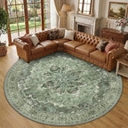 RELEANY Area Rugs Round 10ft Washable Non-Slip, Floral Vintage Distress Print by RELEANY