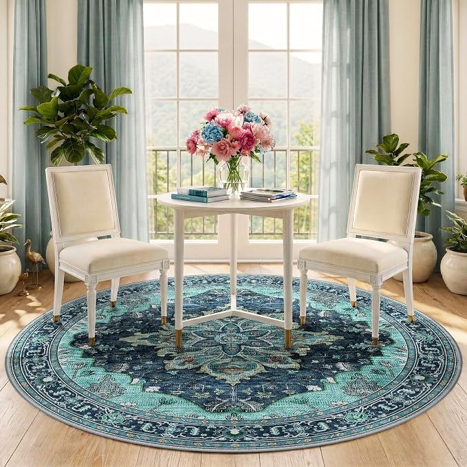 RELEANY Area Rugs Round 5ft Washable Non-Slip, Floral Vintage Distress Print - Image 2