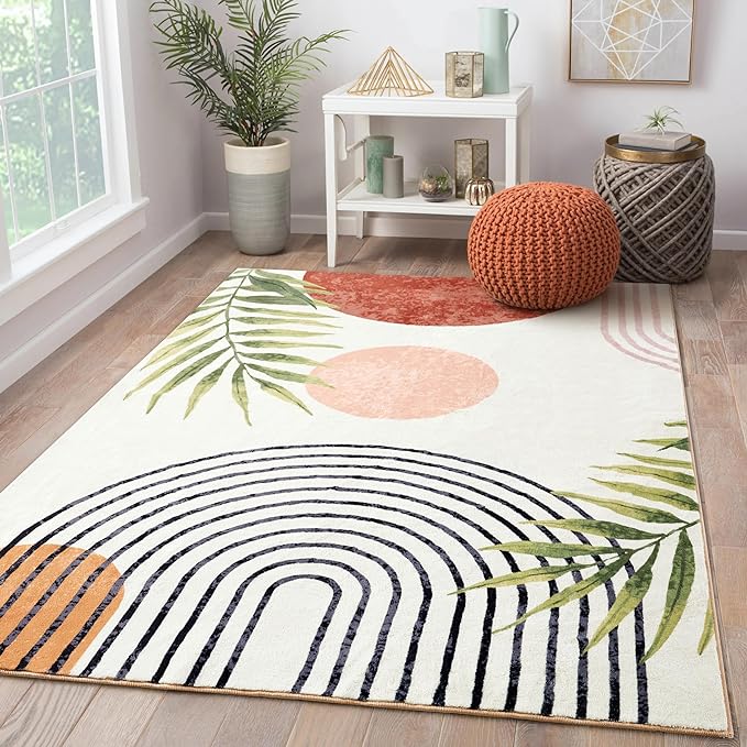RoomTalks Mid Century Modern Washable Rug, Boho Cute Aesthetic 4x6 Area Rugs by RoomTalks