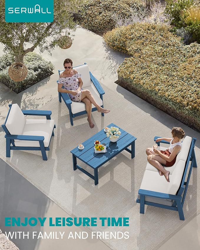 SERWALL HDPE Outdoor Furniture Set, 7 Piece All Weather Wood-Like Outdoor Sofa - Image 9