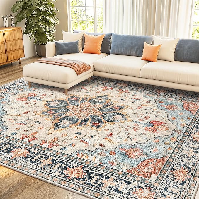 RELEANY Area Rugs 8'x10' Washable Non-Slip, Floral Vintage Distress Print by RELEANY