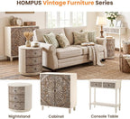 HOMPUS Round End Table with Carved Floral Pattern, Vintage Nightstand w 3 - Image 7
