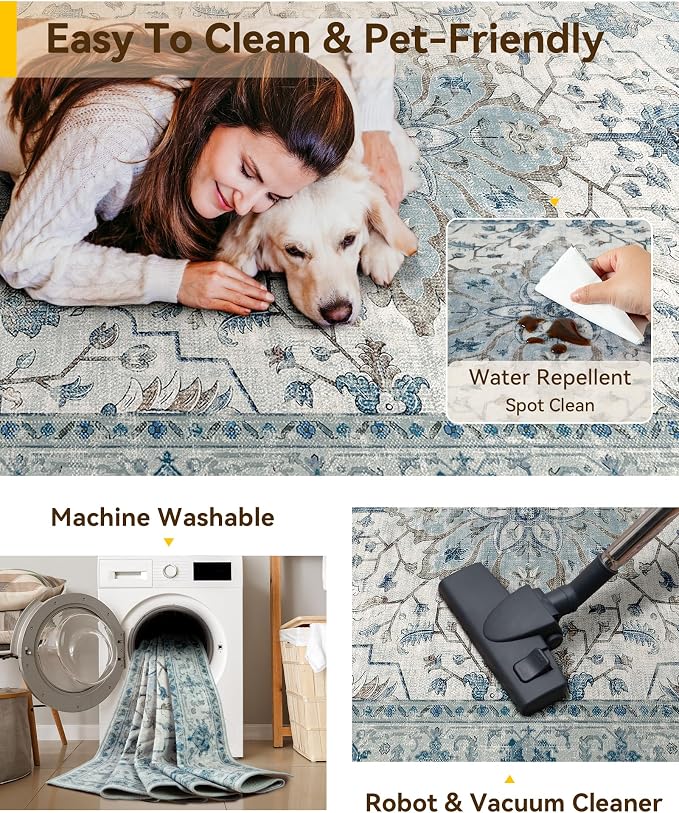 RELEANY Area Rugs 9'x12' Washable Non-Slip, Floral Vintage Distress Print - Image 6