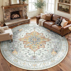 RELEANY Area Rugs Round 8ft Washable Non-Slip, Floral Vintage Distress Print by RELEANY