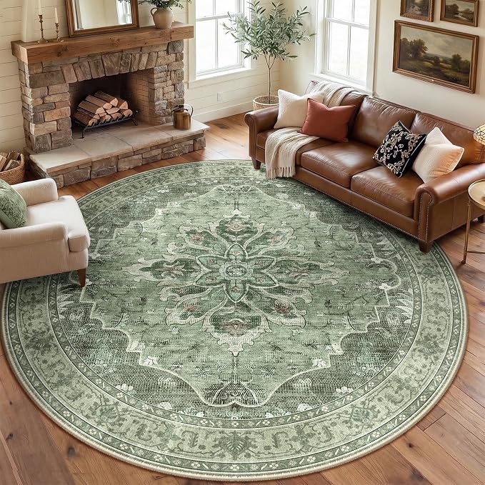 RELEANY Area Rugs Round 8ft Washable Non-Slip, Floral Vintage Distress Print by RELEANY
