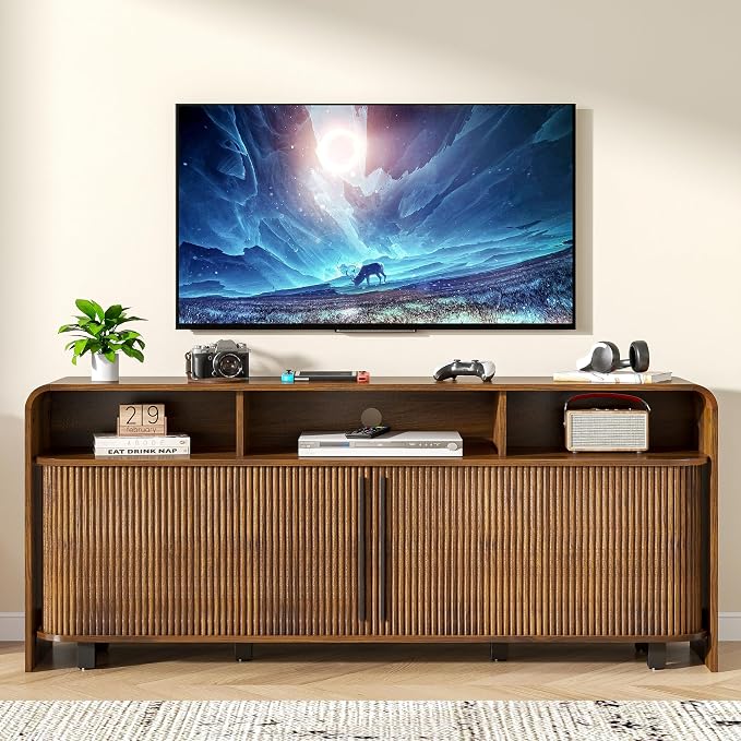 Walnut TV Stand for 65 70 75 Inch TV, Fluted Mid Century Modern TV Console - Image 2